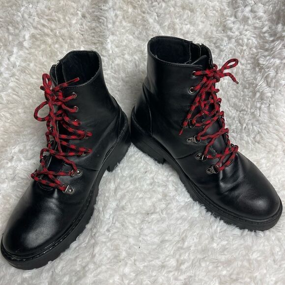 Skechers Combat Boots Black faux leather Memory Foam chunky heels SZ11 - Picture 2 of 11